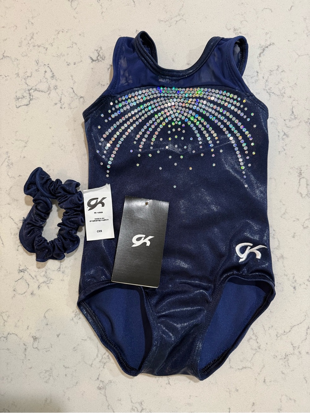 GK Navy Shimmer Gymnastics Leotard with Rhinestone Arc